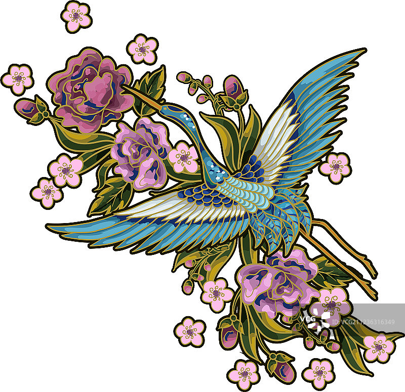粉色花朵和蓝色仙鹤日式元素图片素材
