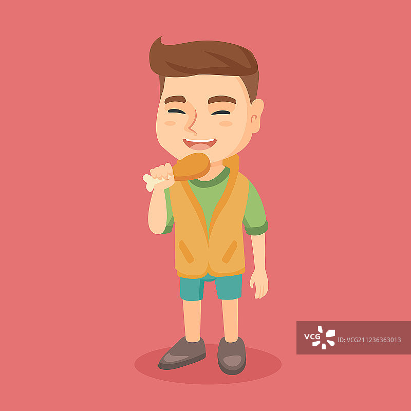 吃烤鸡腿的白人男孩图片素材