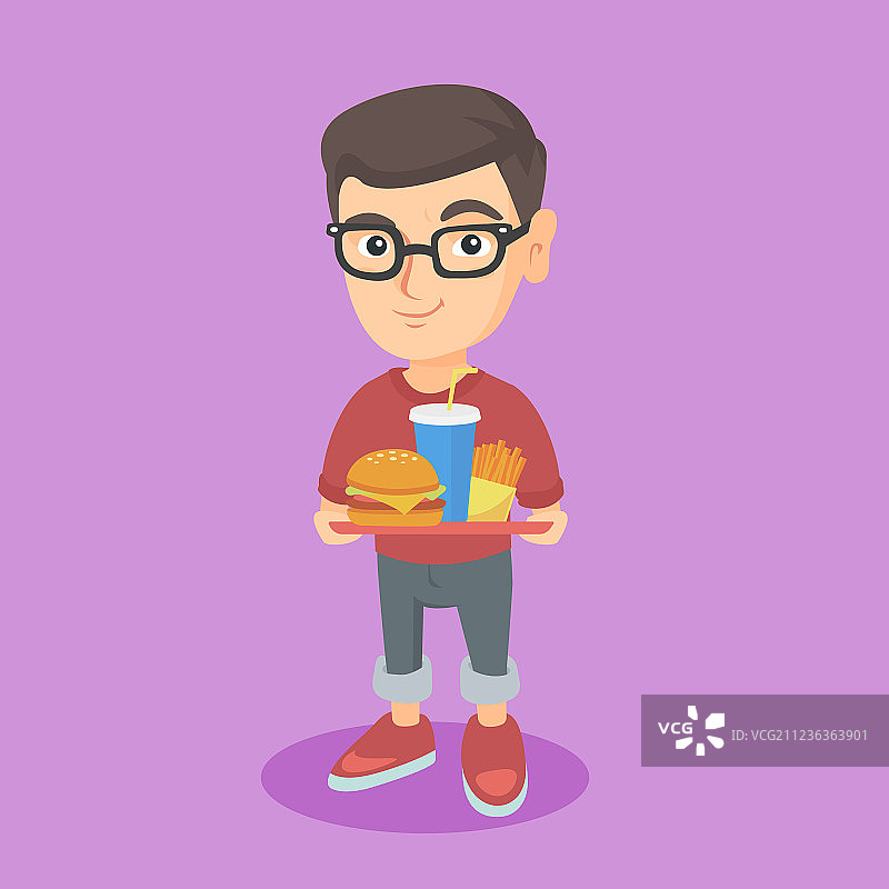 拿着快餐盘的年幼白人男孩图片素材