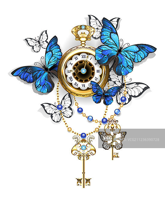 带蝴蝶的仿古时钟图片素材