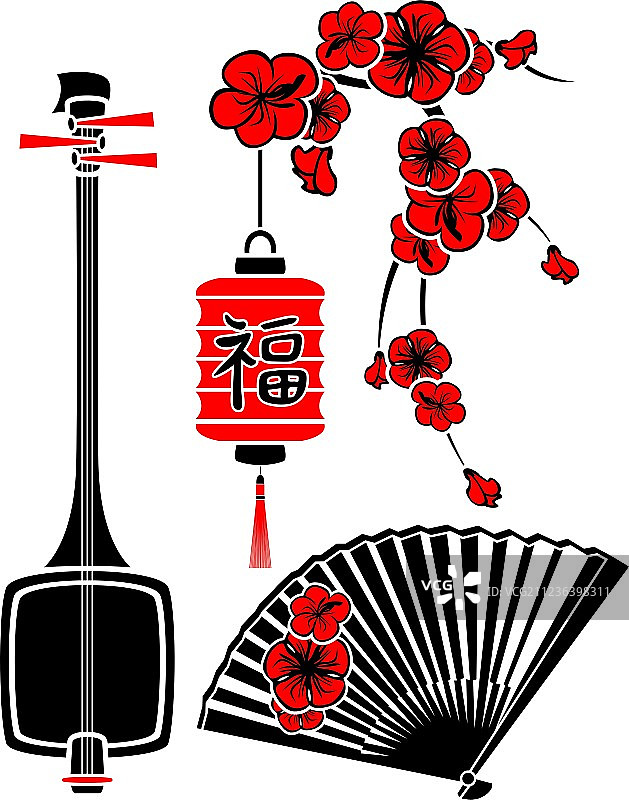 日本艺术：三味线、樱花、扇子和灯图片素材