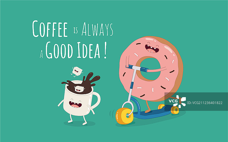 卡通漫画咖啡杯和甜甜圈图片素材