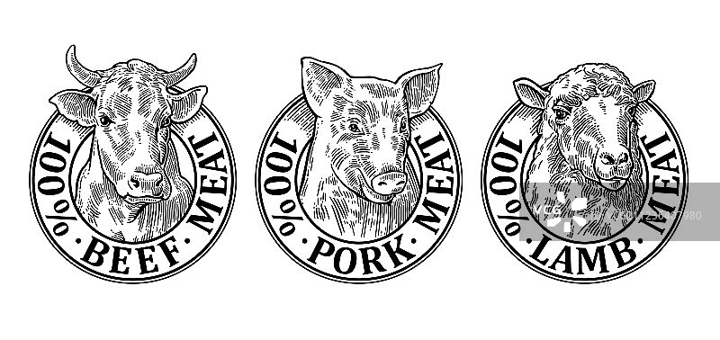 牛、猪、羊头，100%牛肉、猪肉、羊肉图片素材