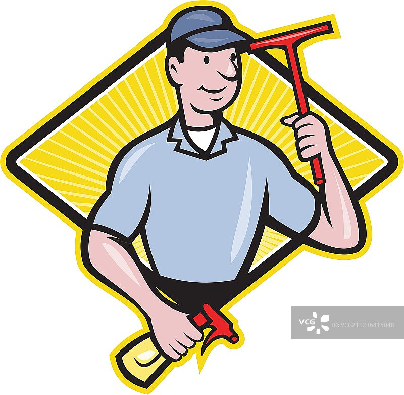 带刮刀的清洁窗户工人图片素材