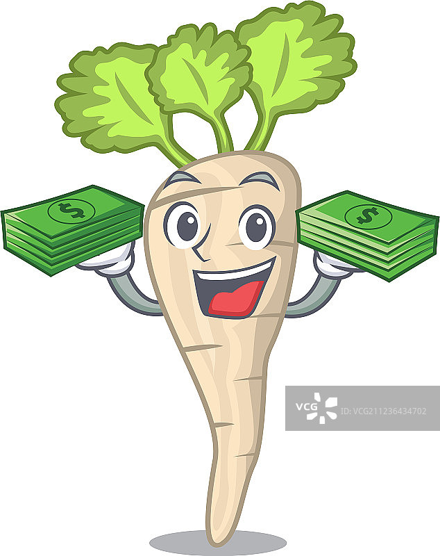 拿着钱的新鲜欧洲防风根吉祥物图片素材