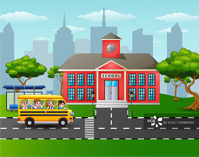 孩子们乘坐校车去上学图片素材