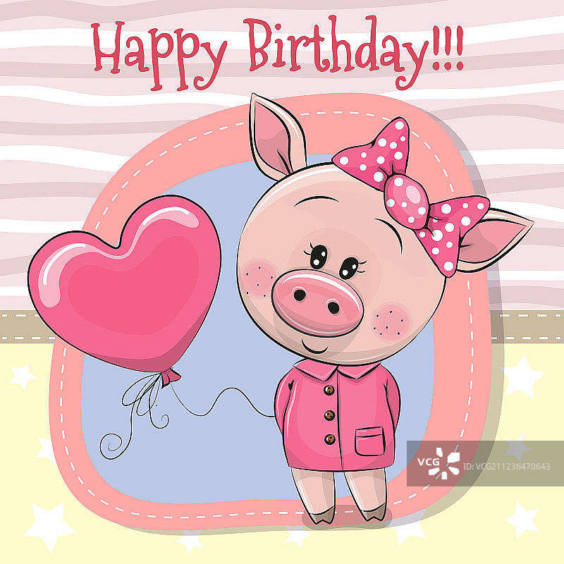 卡通小猪女孩气球贺卡图片素材