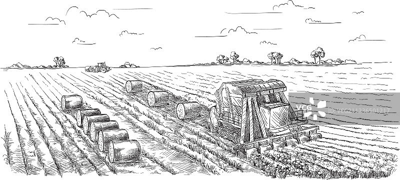 手绘村庄房屋写生与自然风光图片素材