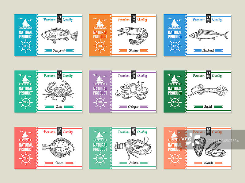 手绘海鲜标签设计模板图片素材