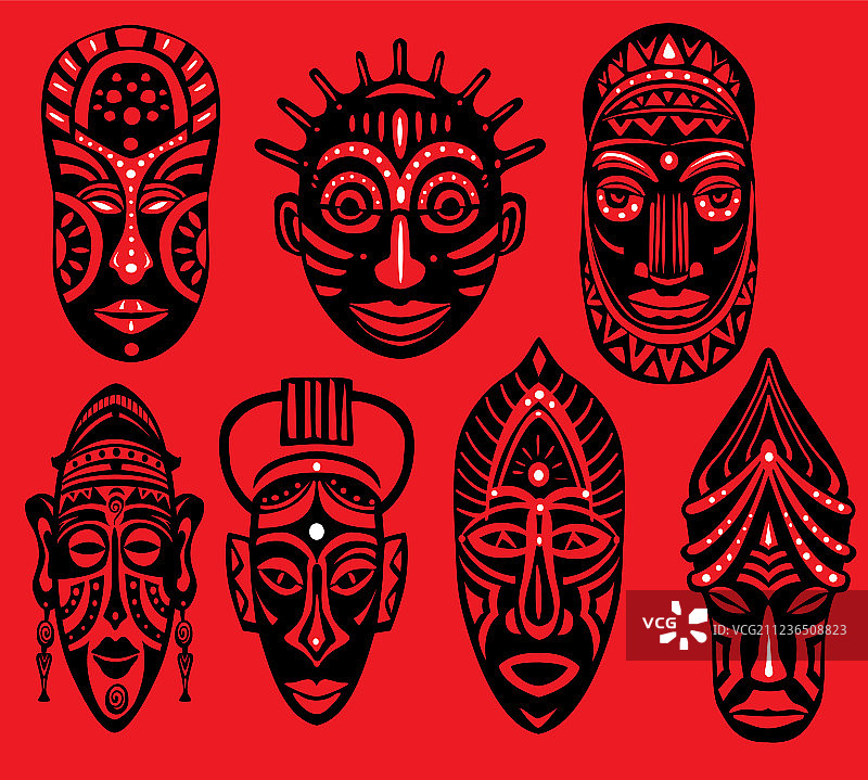 部落非洲面具红色背景套装图片素材