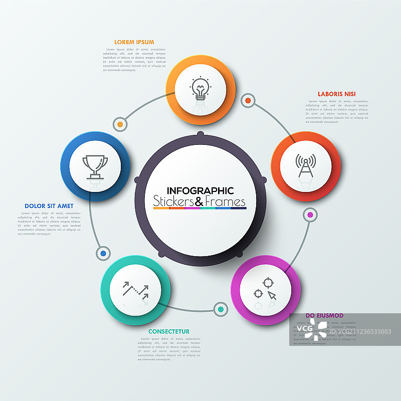 五个带有细线图标的彩色圆圈图片素材