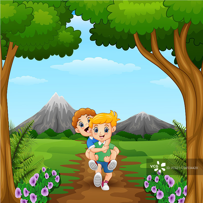 在丛林中玩耍的卡通儿童图片素材