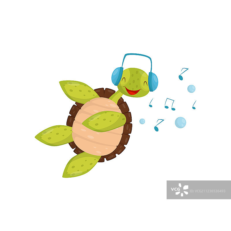 快乐的海龟游泳和听音乐图片素材