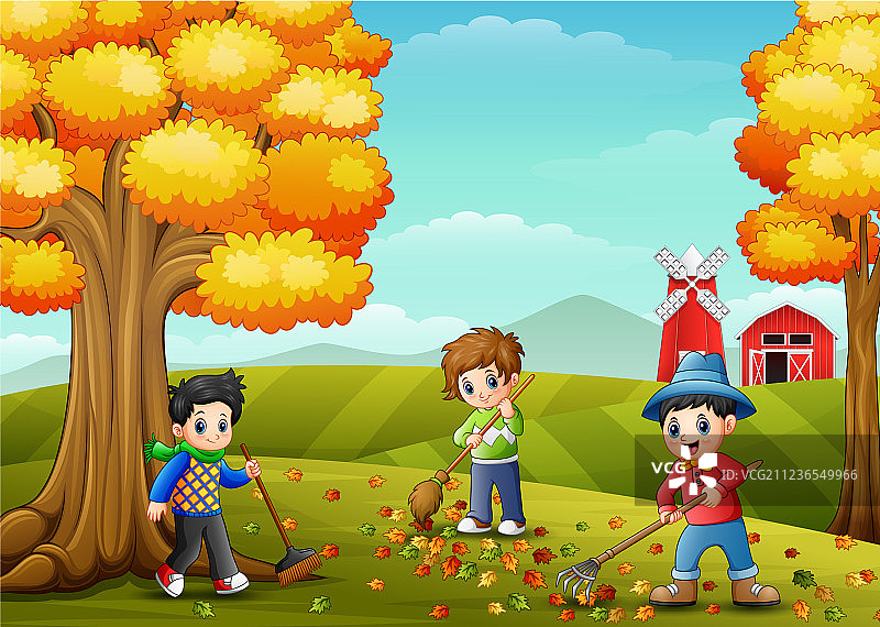 孩子们在秋季农家院里耙树叶图片素材
