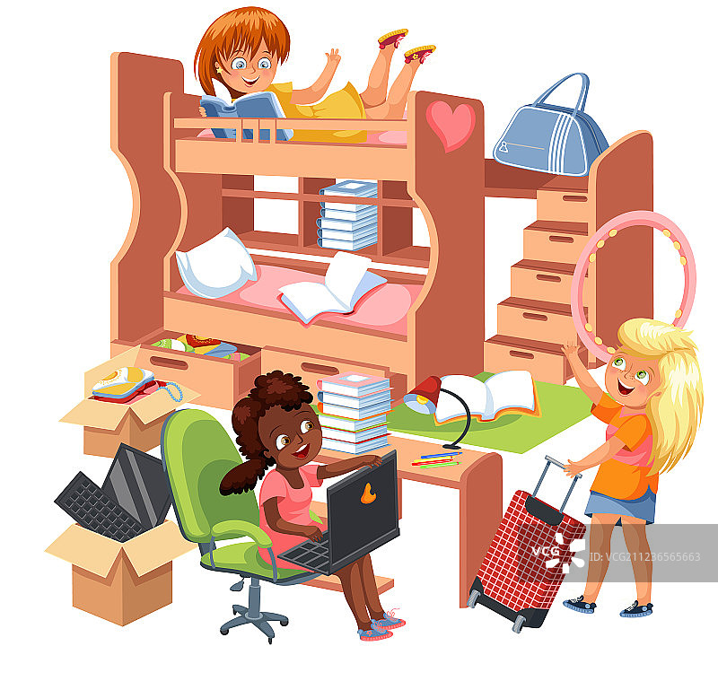 女生宿舍扁平海报宿舍内景图片素材