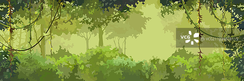 绿色树叶和藤本植物卡通森林背景图片素材