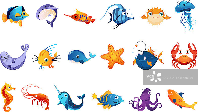 彩色海洋动物集合图片素材