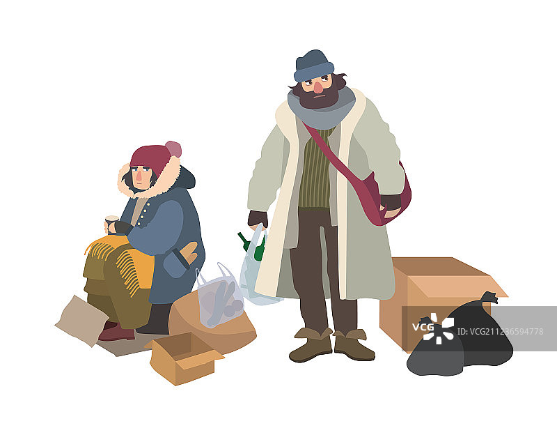 在街头乞讨的流浪汉和女人图片素材