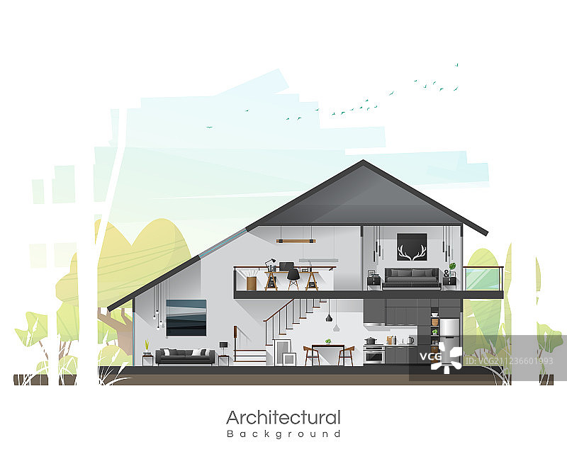 带家具的房屋横截面图片素材