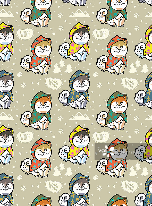 卡通趣味萨摩耶犬无缝图案图片素材