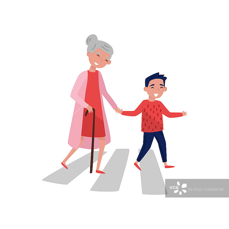 有礼貌的男孩帮助年长的女人过马路图片素材