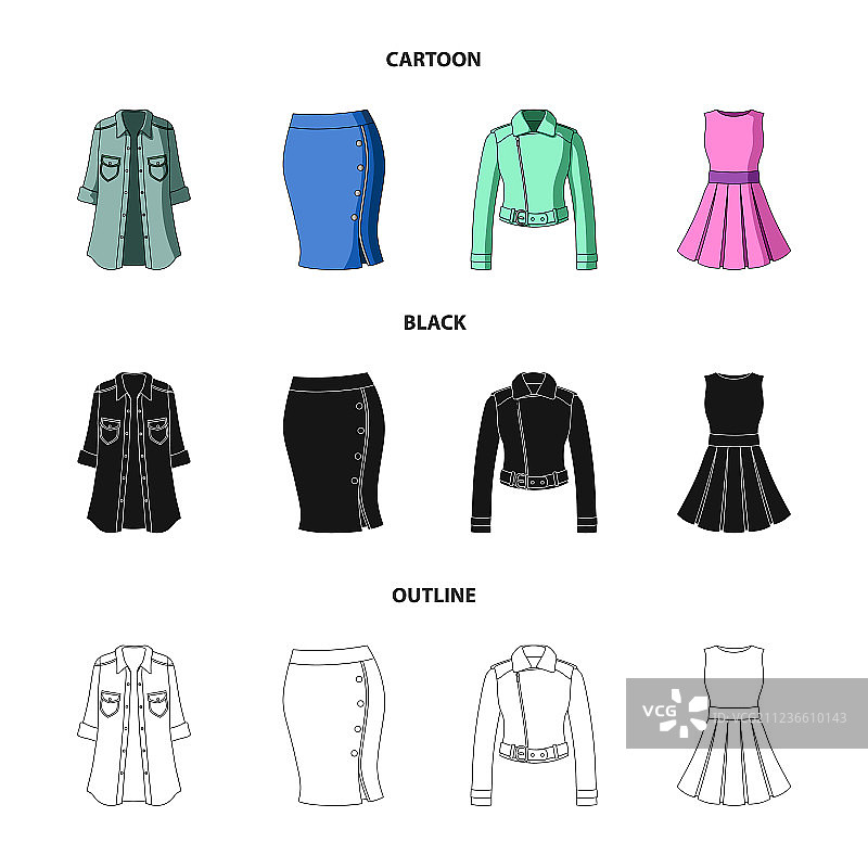 女性服装卡通黑色轮廓图标合集图片素材