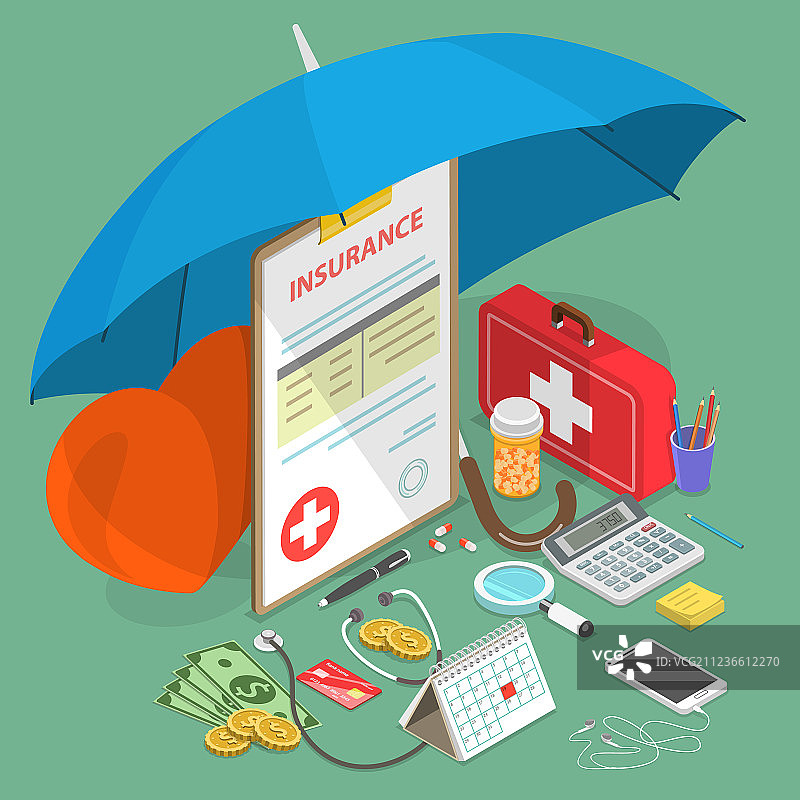 健康保险扁平2.5D概念图片素材