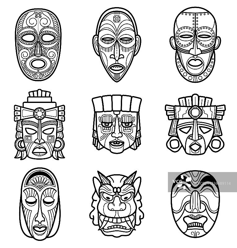 印度阿兹特克和非洲历史部落面具图片素材