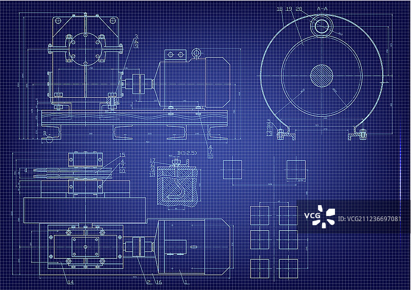 蓝色背景上的机器制造图纸图片素材
