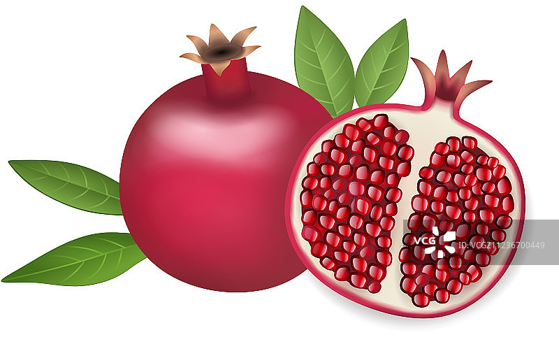 完整和切半的石榴与籽和叶子图片素材