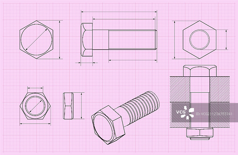 粉色绘图纸上的螺栓技术图纸图片素材