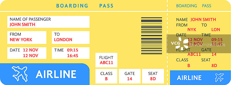 蓝色黄色机票，飞机图案，带文字图片素材