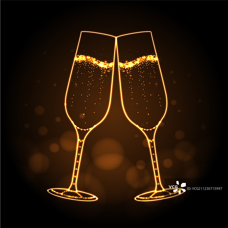金色背景上的香槟酒杯霓虹灯标志图片素材