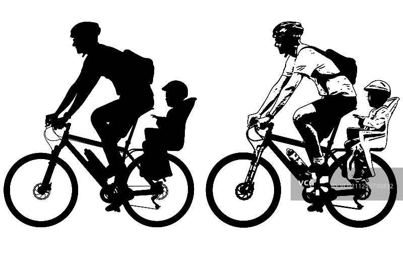 父亲骑自行车带着坐在婴儿座椅上的幼儿图片素材
