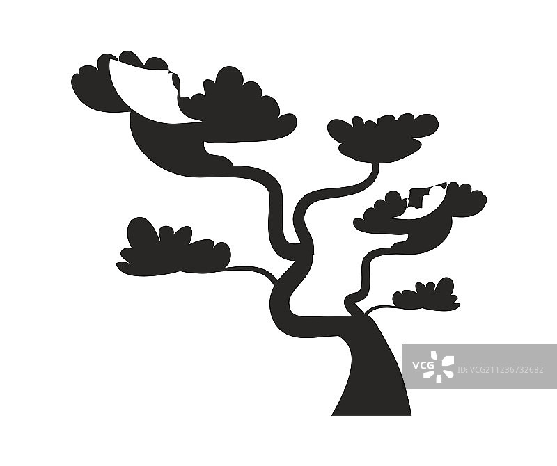 黑色剪影弯曲树干的大盆景树图片素材