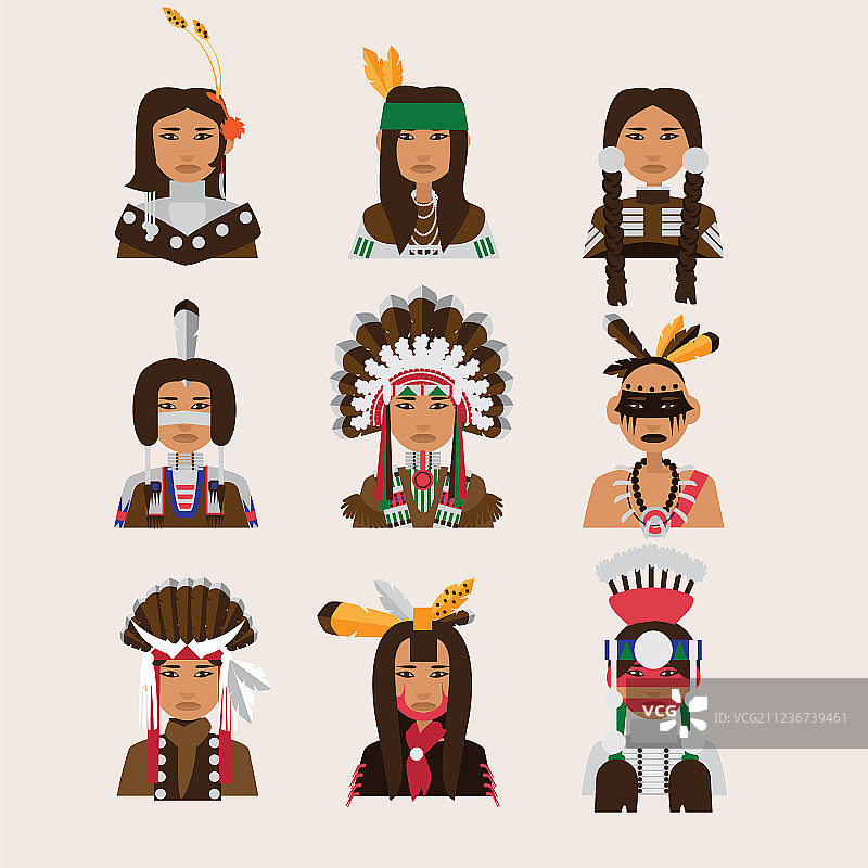 一组不同风格的美国印第安男人肖像图片素材