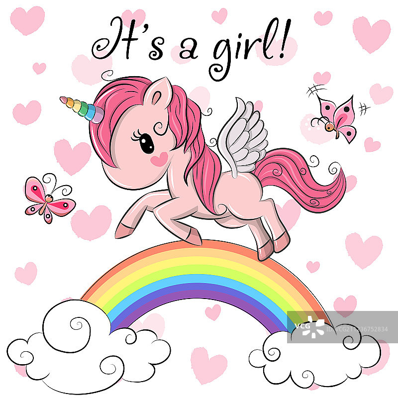 带有独角兽女孩的婴儿送礼贺卡图片素材