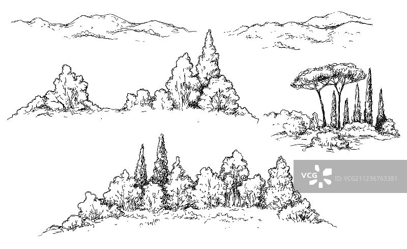 乡村景色与山丘树木图片素材