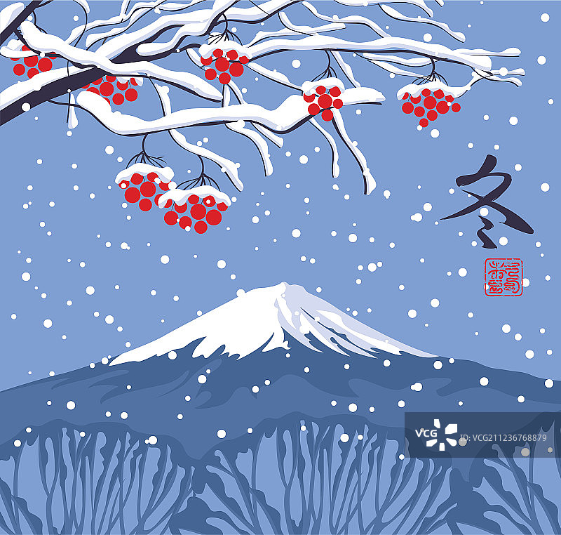 冬季东方雪景，有雪树和山脉图片素材