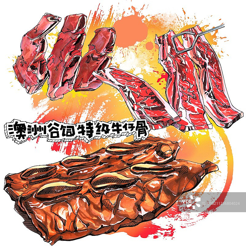 牛肉店菜单餐饮单品 美食手绘插画 牛仔骨 海报图片素材