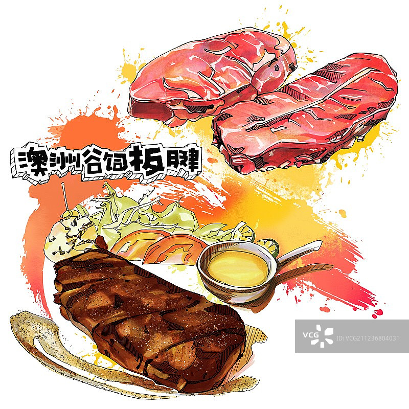 牛肉店菜单餐饮单品 美食手绘插画 澳洲谷饲板腱 西餐厅海报图片素材