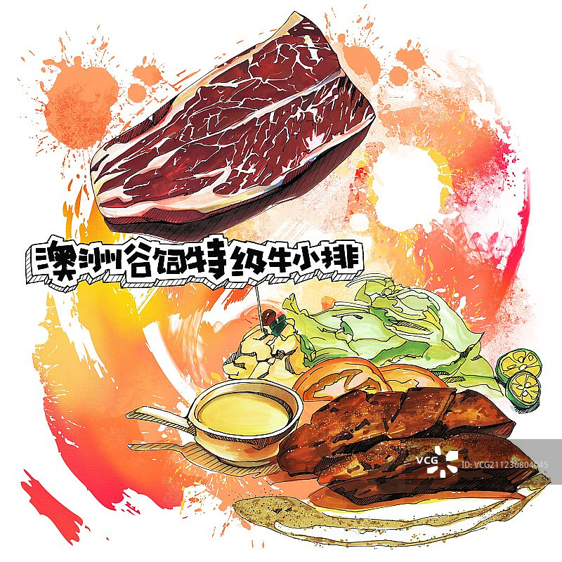 牛肉店菜单餐饮单品 美食手绘插画 西餐厅 牛小排 牛排 海报图片素材