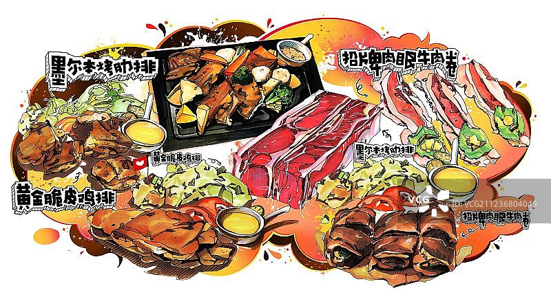 牛肉店菜单餐饮单品 美食手绘插画 西餐厅壁画 海报图片素材