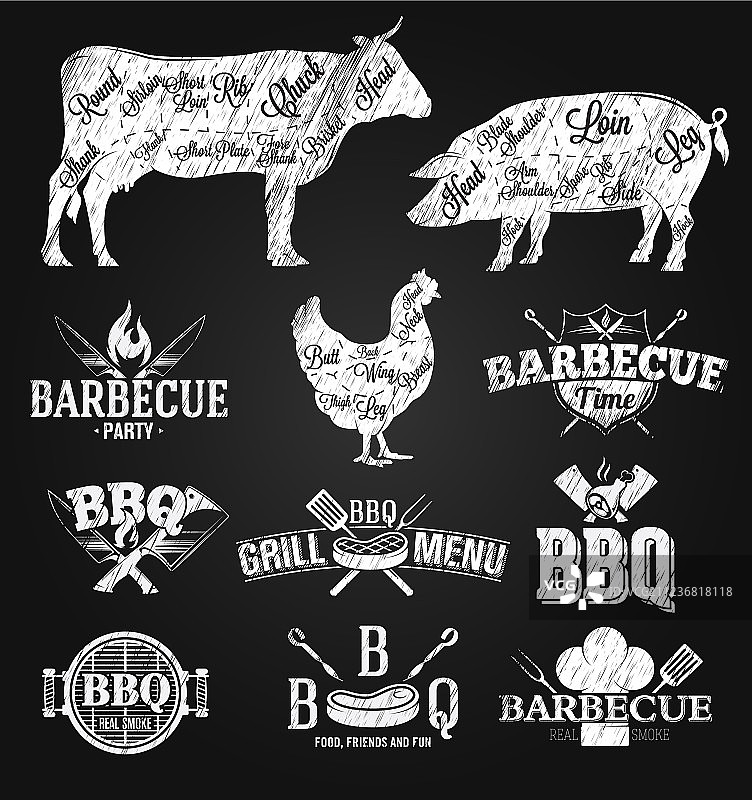 烧烤标志和徽标粉笔画图片素材