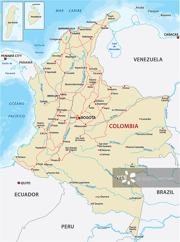 带有主要道路和河流的哥伦比亚地图图片素材