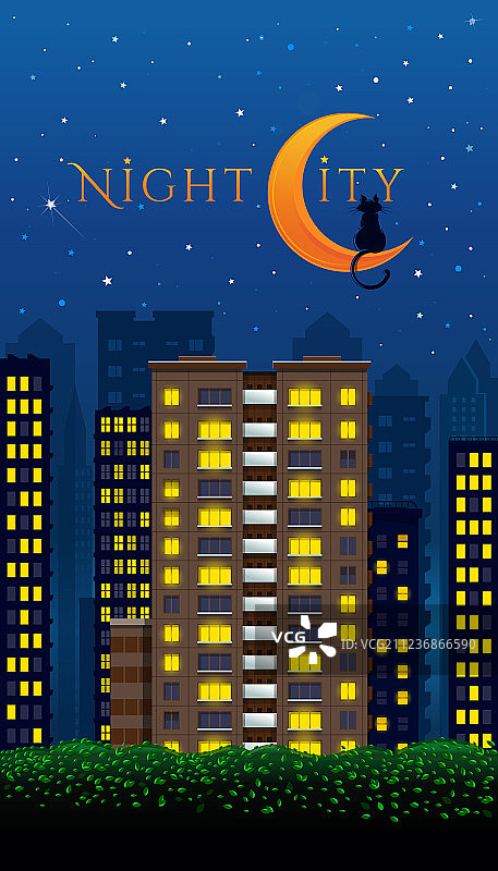 猫和月亮的夜间城市设计图片素材