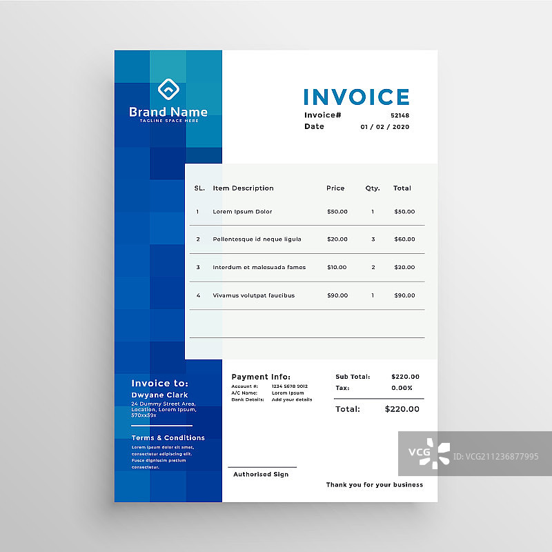 蓝色创意抽象商务发票模板图片素材