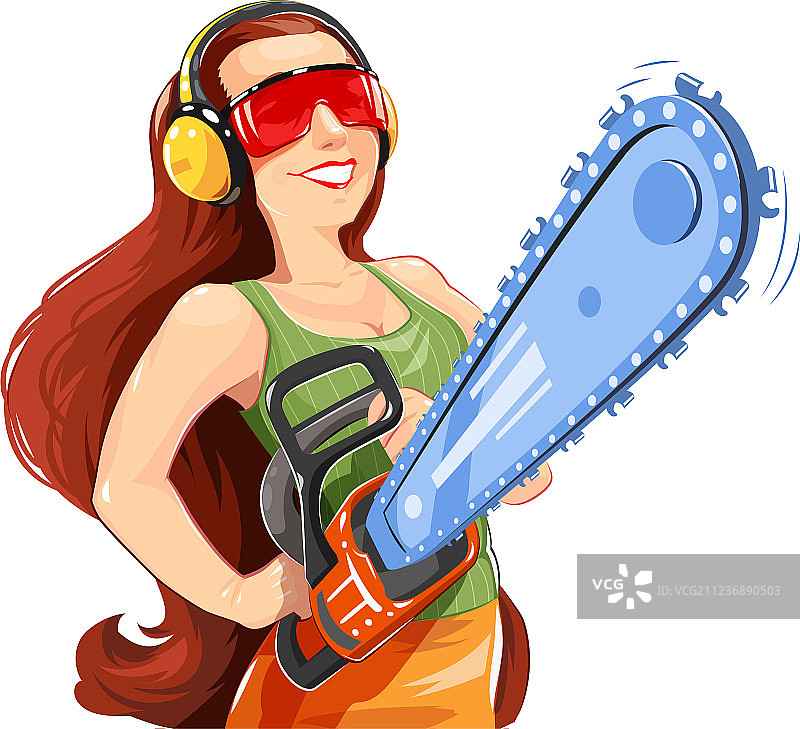 手持链锯的漂亮女孩图片素材