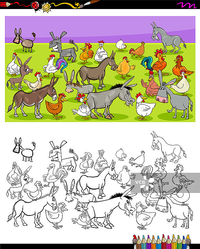 驴和鸡角色填色书图片素材