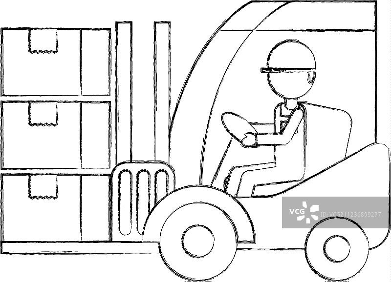 仓库工人用叉车装载纸箱图片素材
